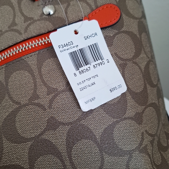 NWT Coach Signature Zip Top Tote F34603 Khaki Orange - Picture 7 of 8